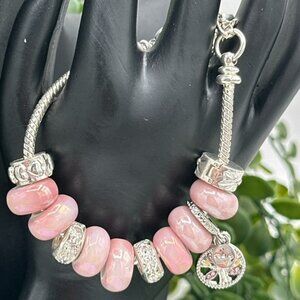 Pandora Style Pink Charm Rhinestone Bracelet with Pink Family/Tree Charms, NWOT